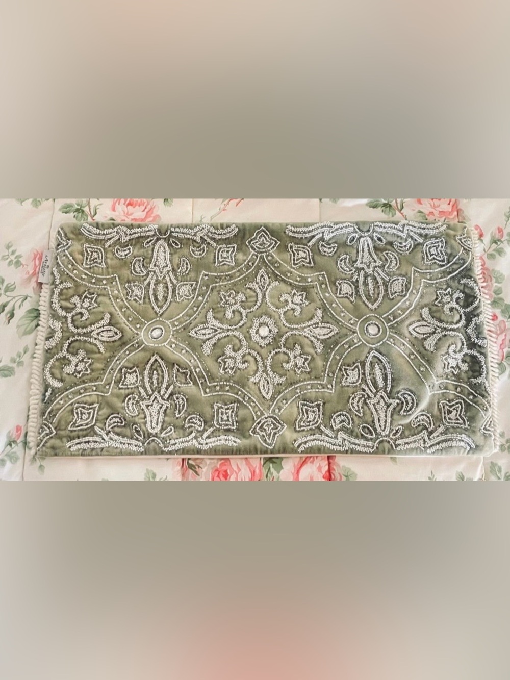 Sage Green Velvet Lumbar Pillow Cover Hand Sewn White Beads Cotton 12x24